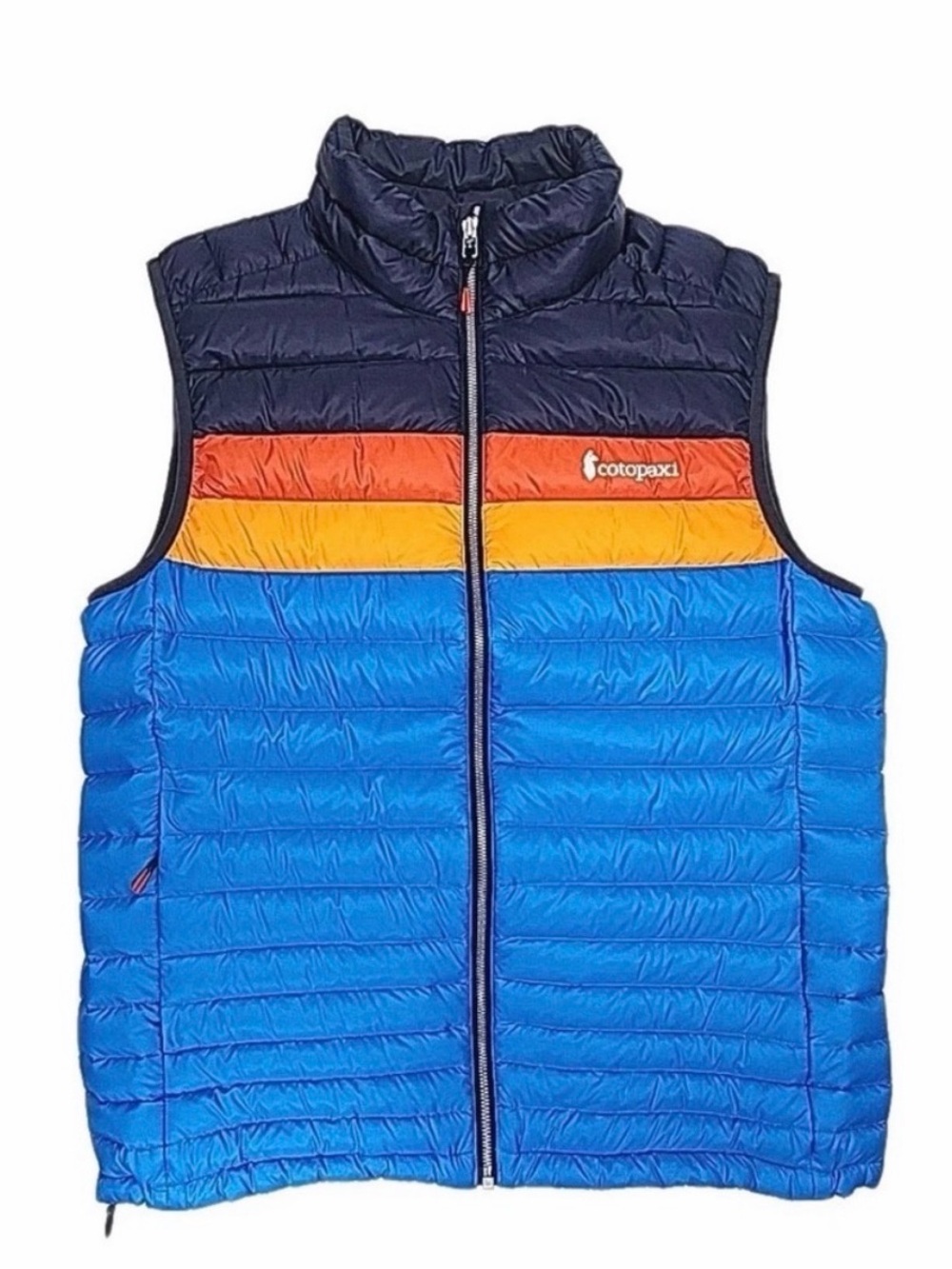 Cotopaxi Colorblock Quilted Down Vest in Navy, Red, Orange & Blue